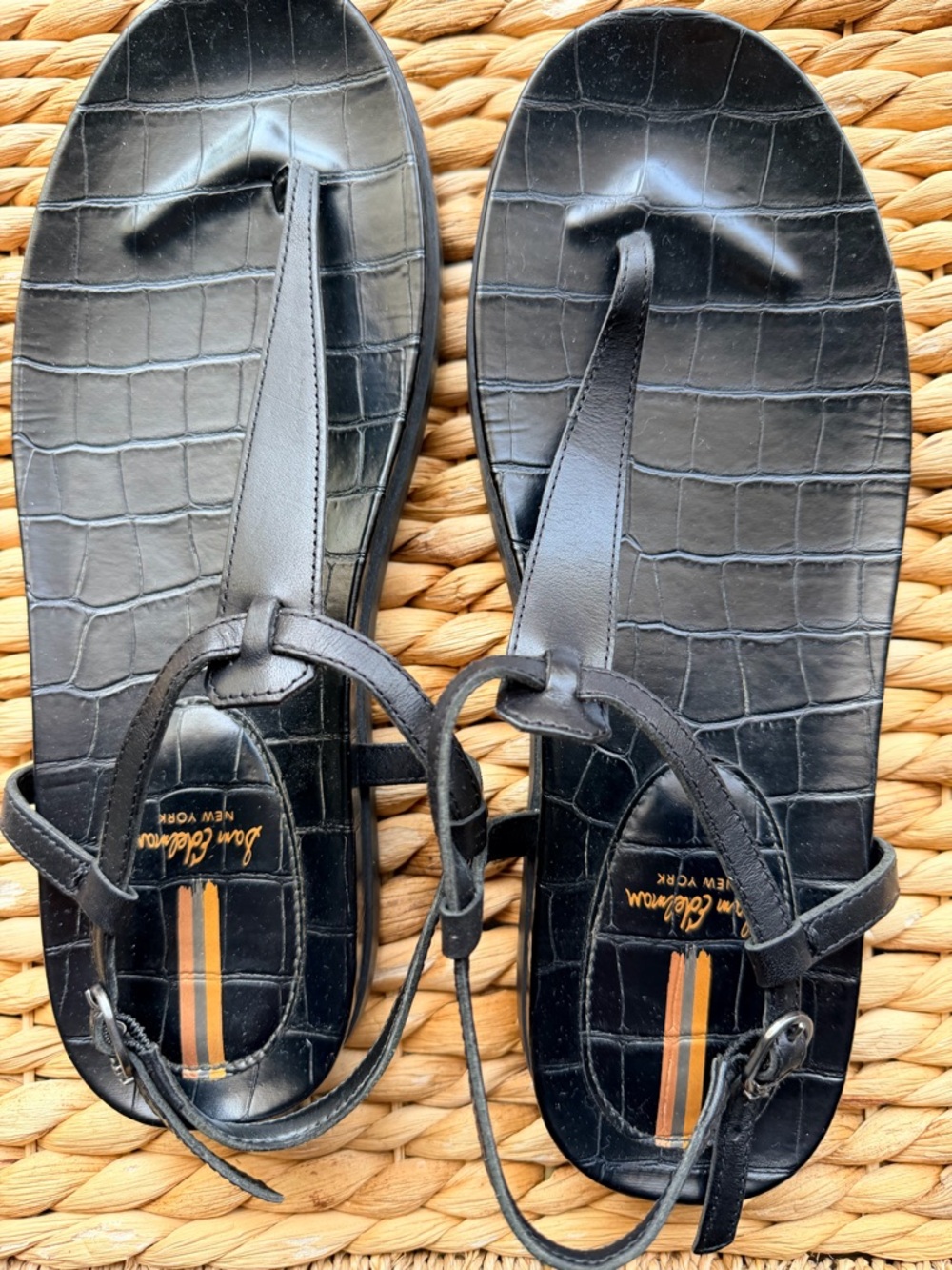 Sam Edelman Black Croc-Embossed Leather T-Strap Sandals